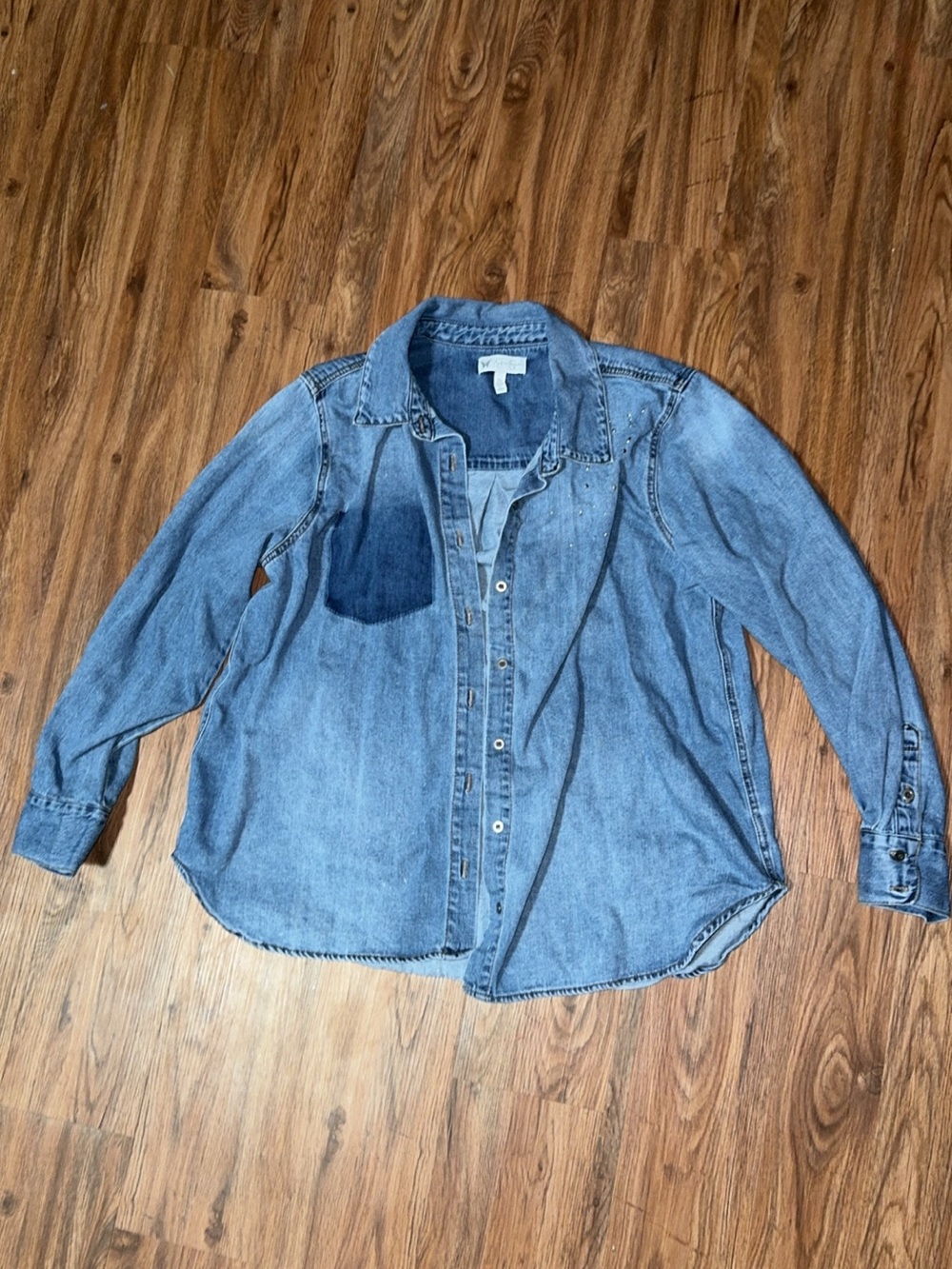 Jessica Simpson Rhinestone Embellished Two-Tone Denim Shirt (Size XL)